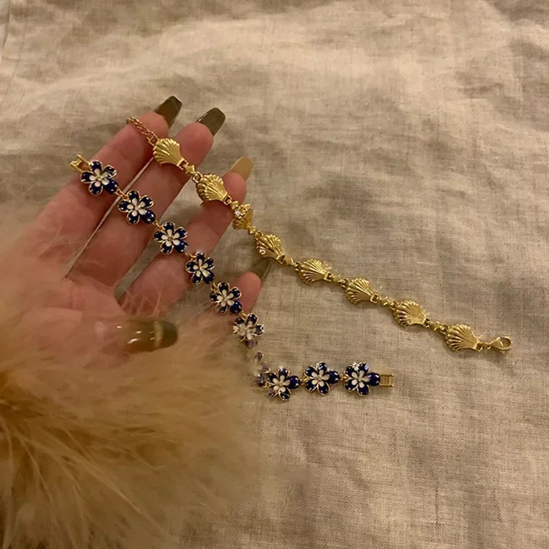 Golden Shell and Retro Flower Boho Bracelet