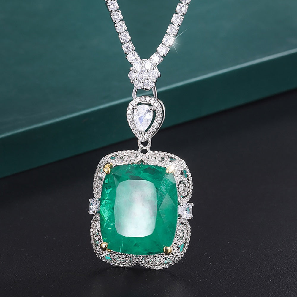 Luxury Vintage 20*23mm Emerald Pendant Tennis Chain Necklace for Women Lab Diamond Cocktail Party Fine Jewelry Accessories Gift