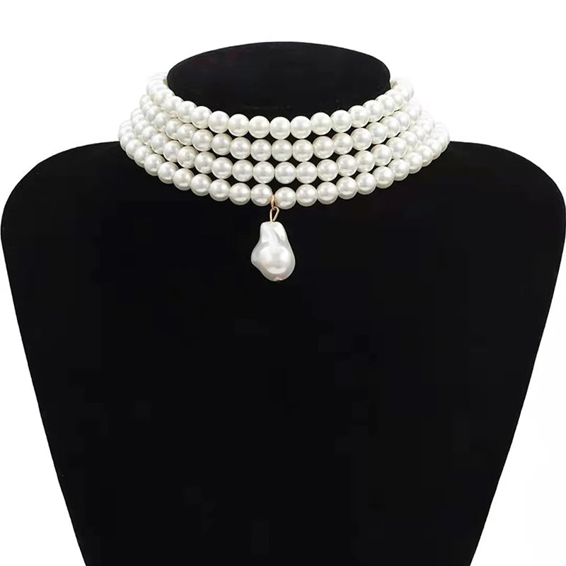 Baroque Pearl Layered Strand Boho Choker Wedding Necklace