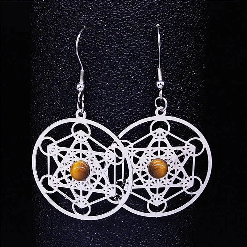 Boho Tiger Eye Metatron Tree Flower of Life Hamsa Hand Sacred Geometry Earring Stainless Steel Natural Stone Earrings Jewelry - Charlie Dolly