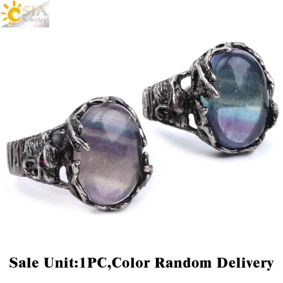 CSJA Vintage Silver Rings Natural Stone Amethyst Ring for Women Adjustable Design Handmade Fashion Jewelry Boho Accessories H765 - Charlie Dolly