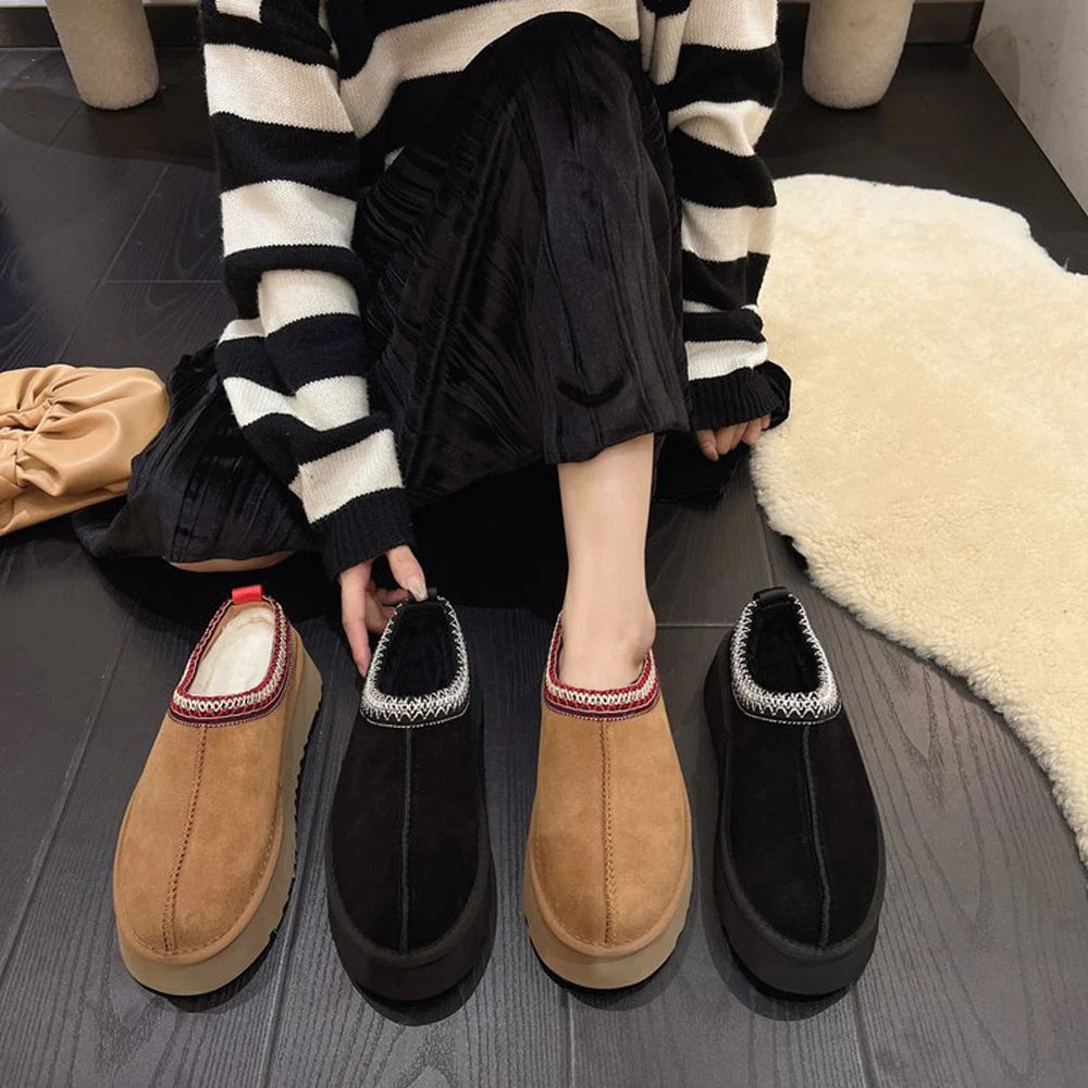 2023 Womens winter Suede Warm Soles No Heels Baotou Wool Half slippers