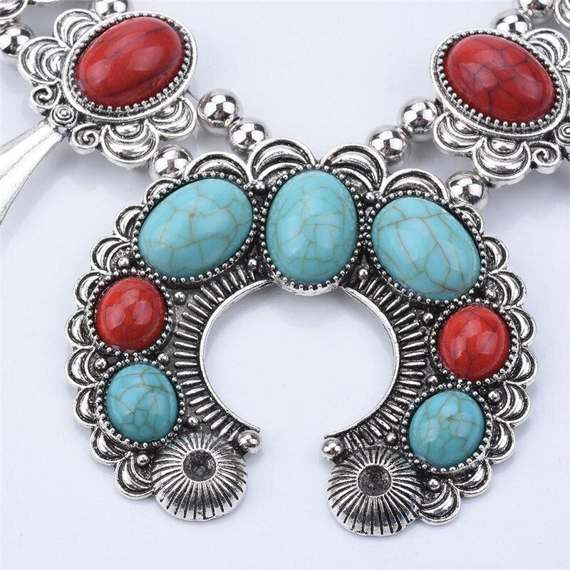 Red and Turquoise Stone Squash Blossom Flower Bib Necklace Turquoise and Silvertone Beaded Squash Blossom Choker Boho CRYSTAL