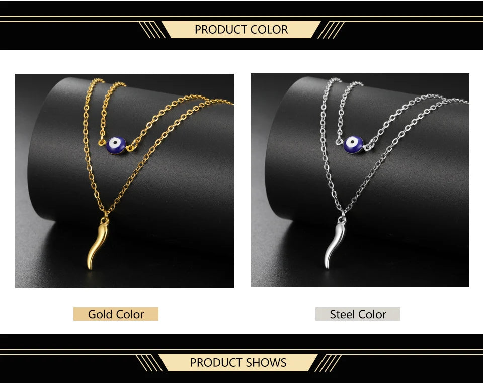 Italian Horn & Evil Eye Double Layer Necklace, Spiritual Protection Amulet