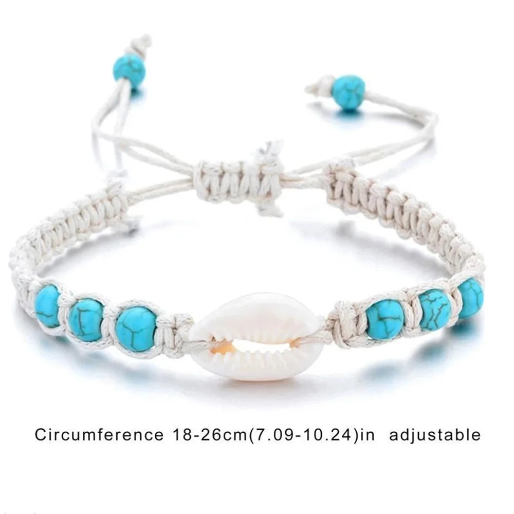 Starfish Shell and Turquoise Woven Wax Rope Bracelet
