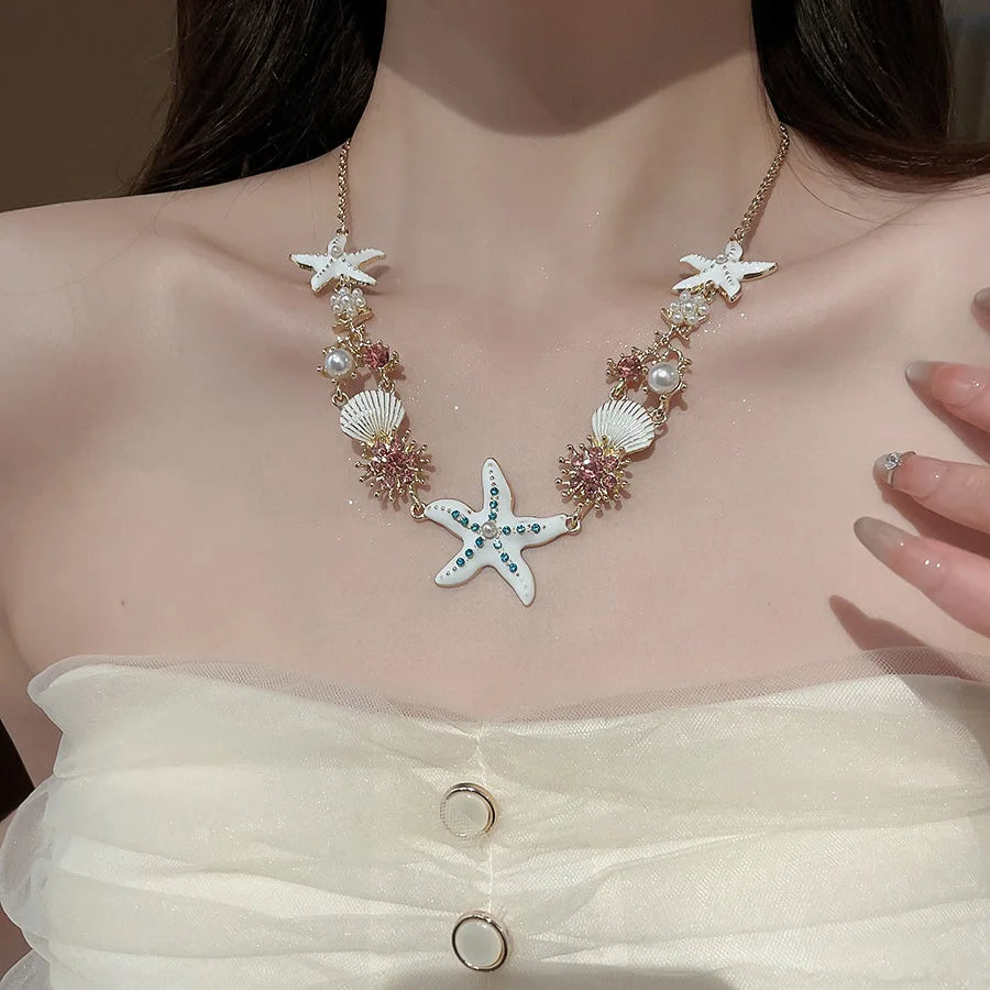 Marine Starfish Shell and Coral Pendant Necklace