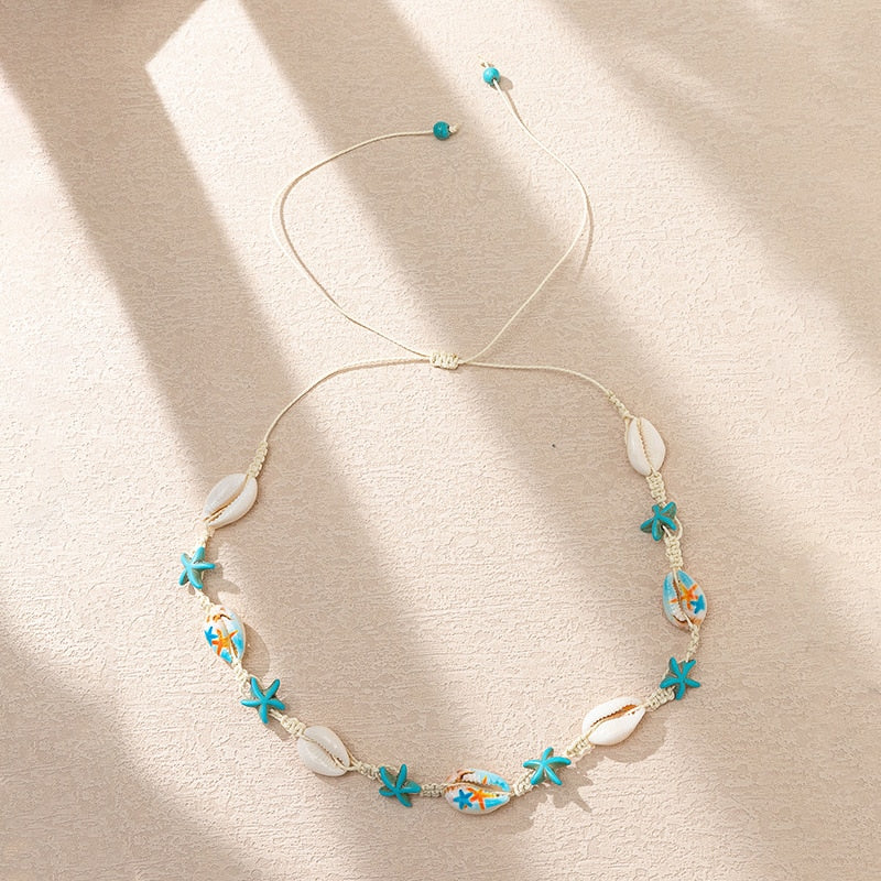 Boho Natural Shell Rope Chain Choker Necklaces for Women Kids Cartoon Starfish Turtle Choker Beach Jewelry Gift Summer Holiday