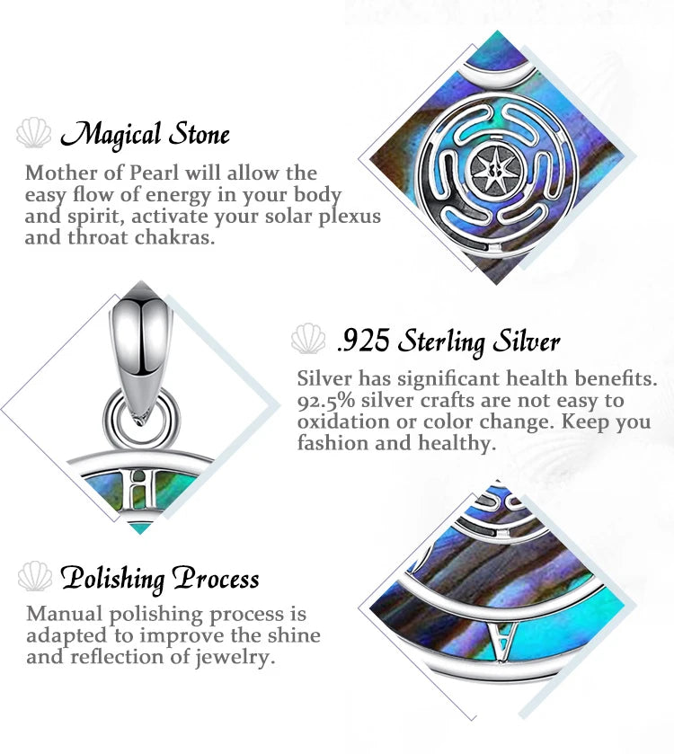 S925 Sterling Silver Hecate Wheel Pendant Necklace, Abalone Triple Moon Goddess Wiccan Amulet