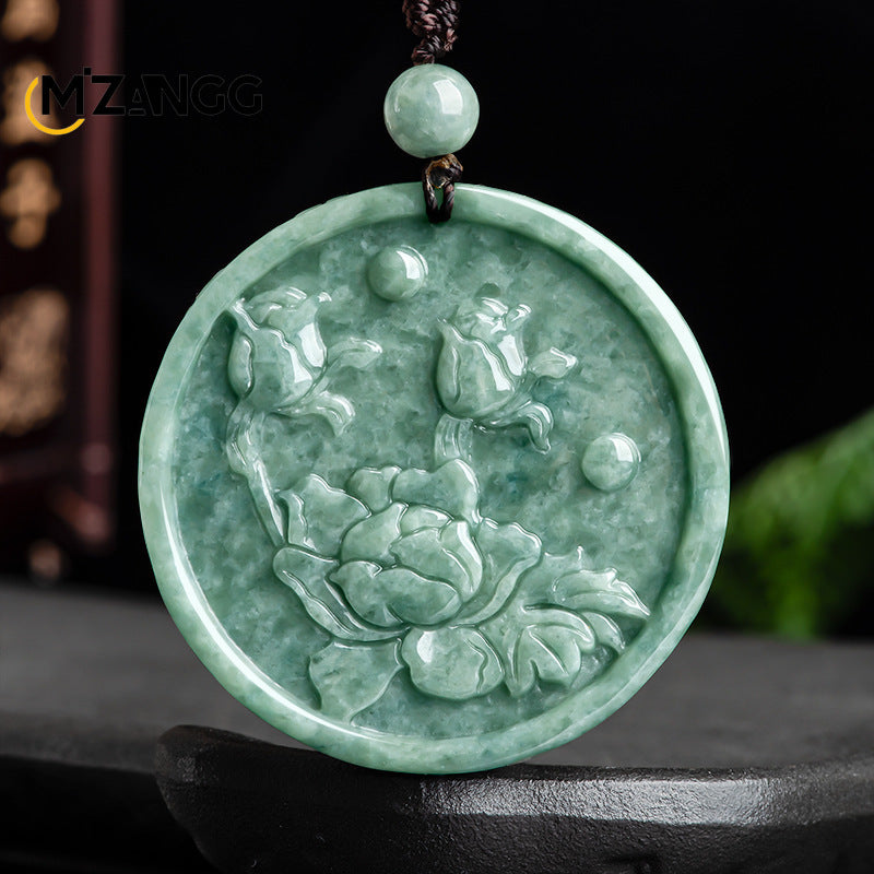 Myanmar Jadeite Phoenix & Peony Double-Sided Carved Pendant Necklace, Luxury Amulet