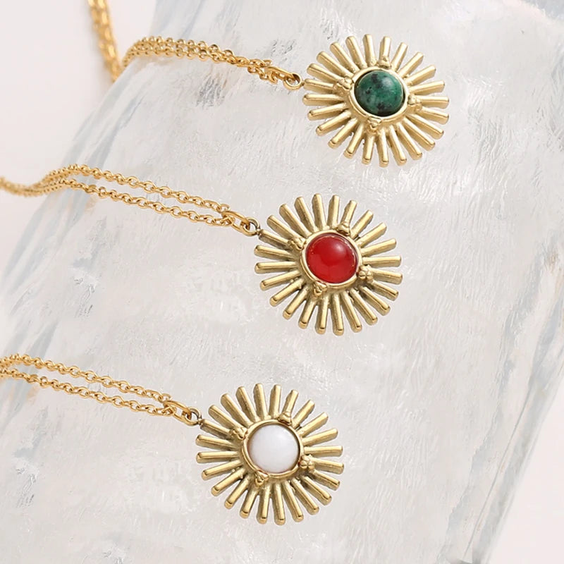 Boho Natural Stone Sun Flower Necklace for Women Bohemian Retro Stainless Steel Necklace Choker Necklaces Fashion Jewelry - Charlie Dolly