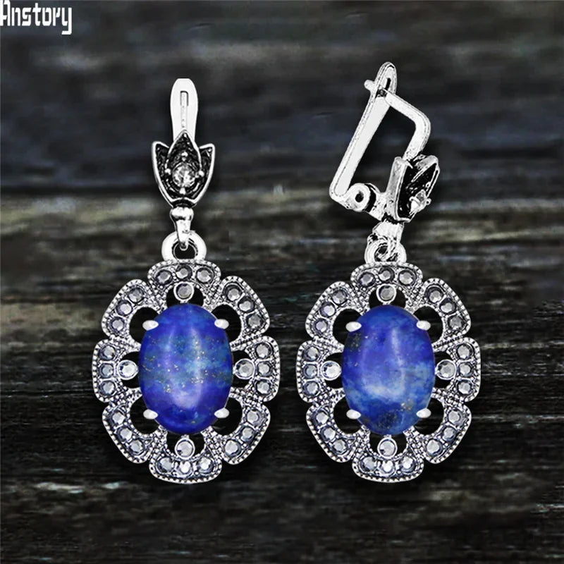 Vintage Plumflower Natural Jades Quartz Earrings For Women Antique Silver Plated Lapis Lazuli Tiger Eye Stone Fashion Earring - Charlie Dolly