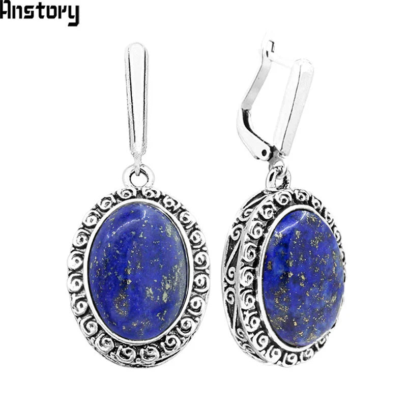 Natural Lapis Lazuli Earrings Snail Flower Pendant For Women Vintage Antique Silver Plated Fashion Jewelry Anniversary Gift - Charlie Dolly