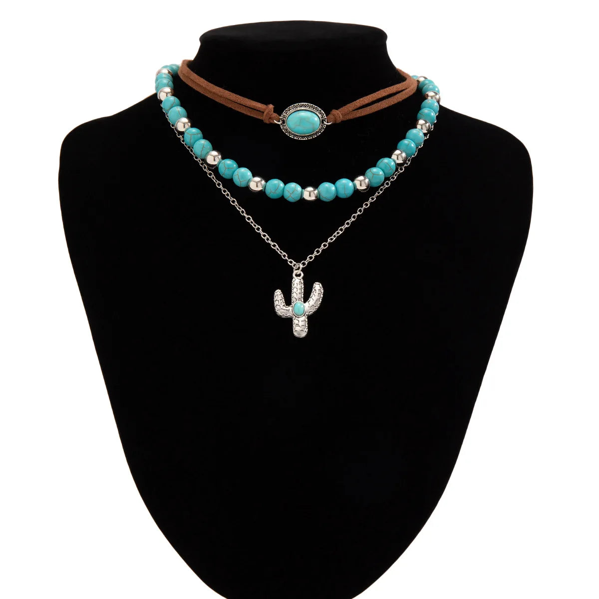 Cactus Pendant Turquoise Bead Layered Necklace Jewelry
