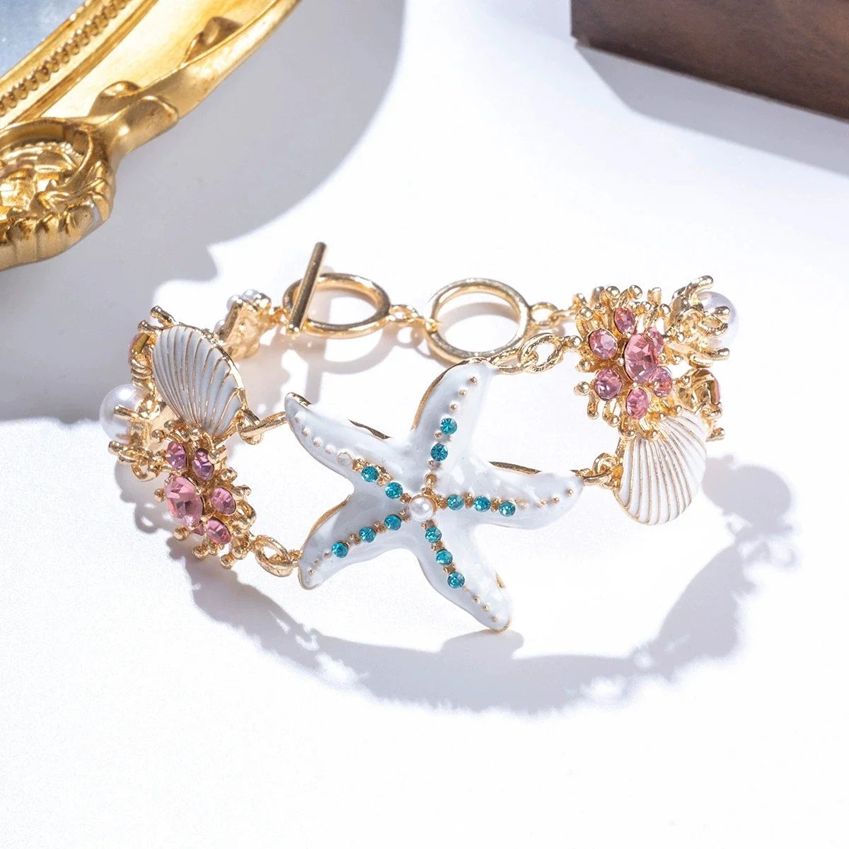 Starfish Shell Crystal and Pearl Boho Bangle Bracelet