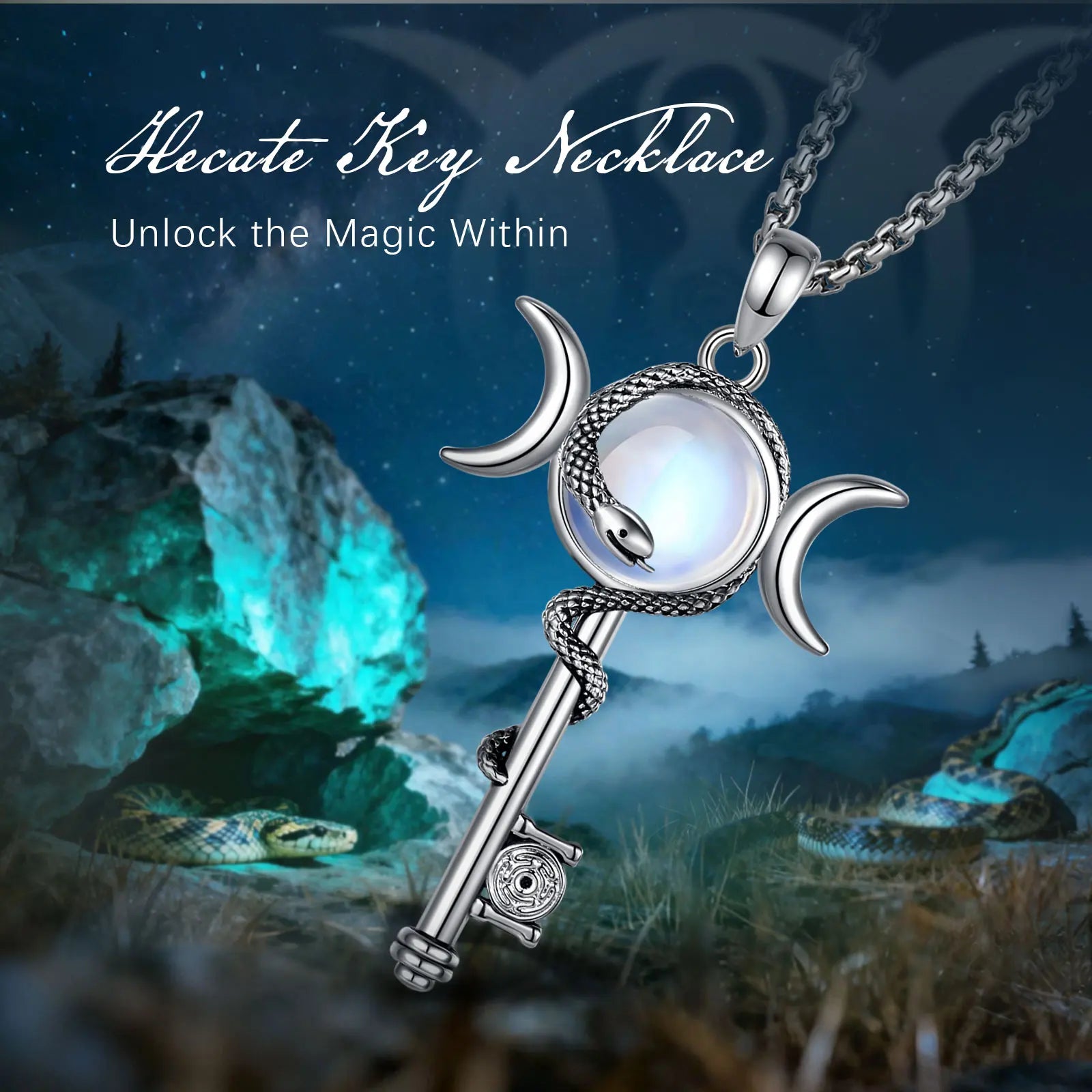 Hecate Key & Triple Moon Goddess Pendant with Moonstone, Sacred Witch Amulet