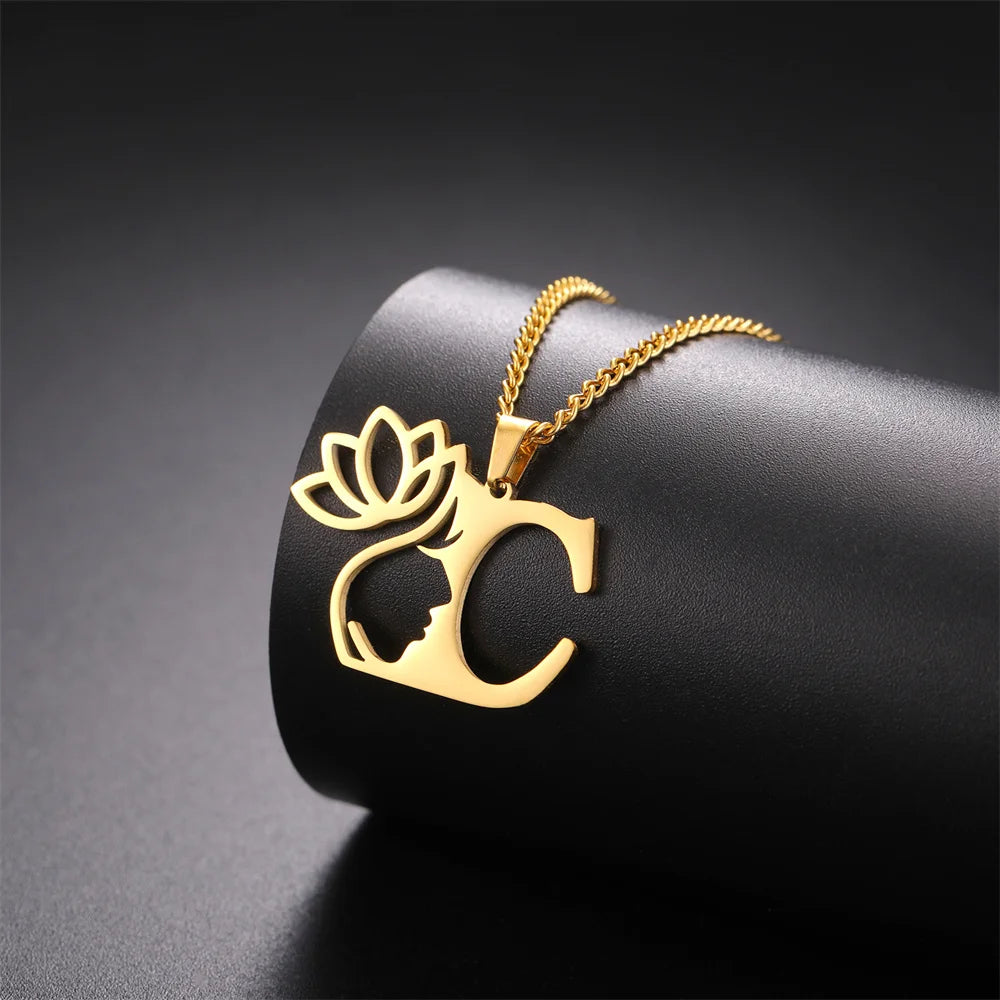 Lotus Flower Initial Letter Pendant, Personalized Stainless Steel Necklace