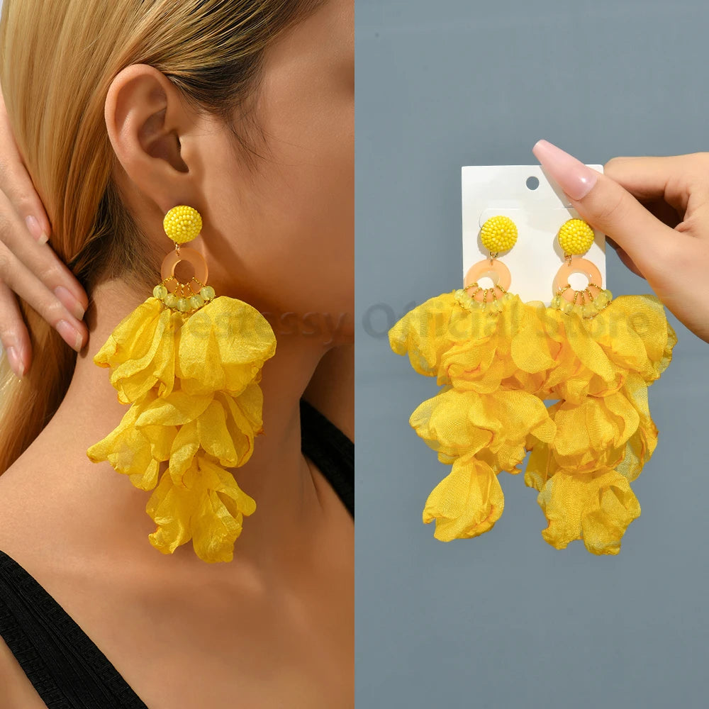 Acrylic Bead Yarn Petal Long Dangle Earrings Jewelry