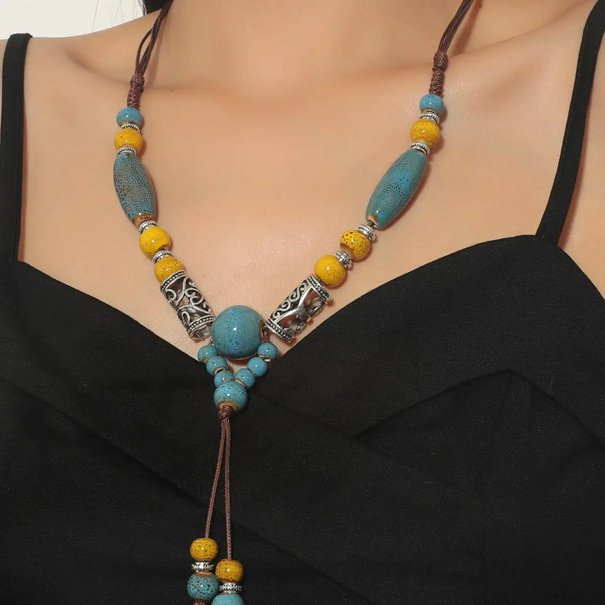 Simple Ceramic Bead Tassel Long Necklace Jewelry