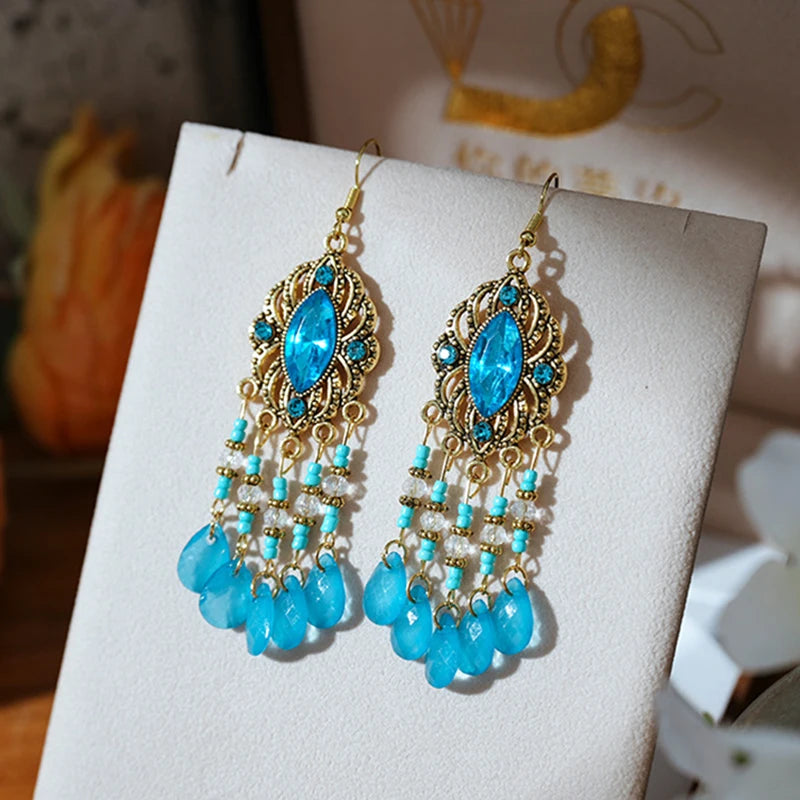 Blue Enamel Feather Crystal Long Earrings Jewelry