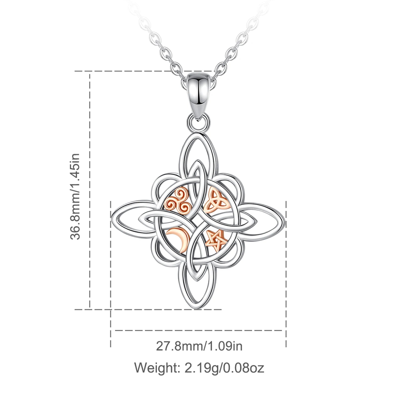 S925 Sterling Silver Witch Knot Pendant Necklace, Celtic Star & Moon Witchcraft Amulet