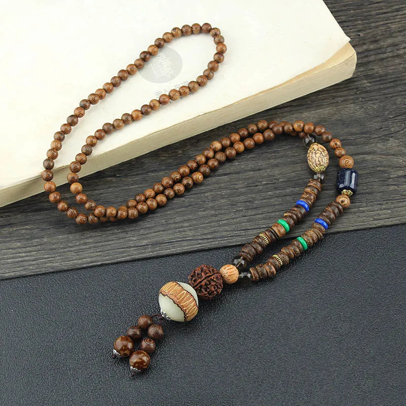 Wood Bead Bodhi Pendant Sweater Chain Necklace Jewelry