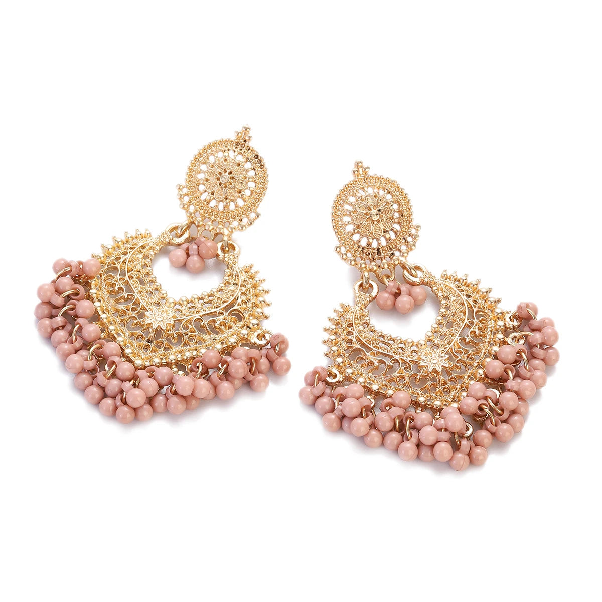 Gold Carved Heart Pink Bead Jhumka Earrings Jewelry