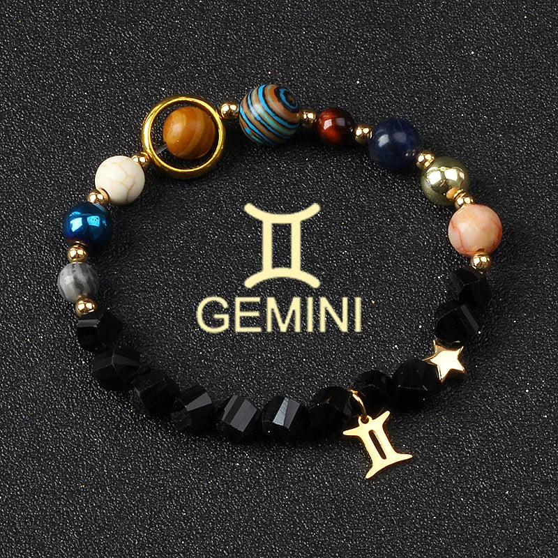 Eight Planets & Twelve Zodiac Beaded Bracelet, Natural Stone Cosmic Astrology Talisman