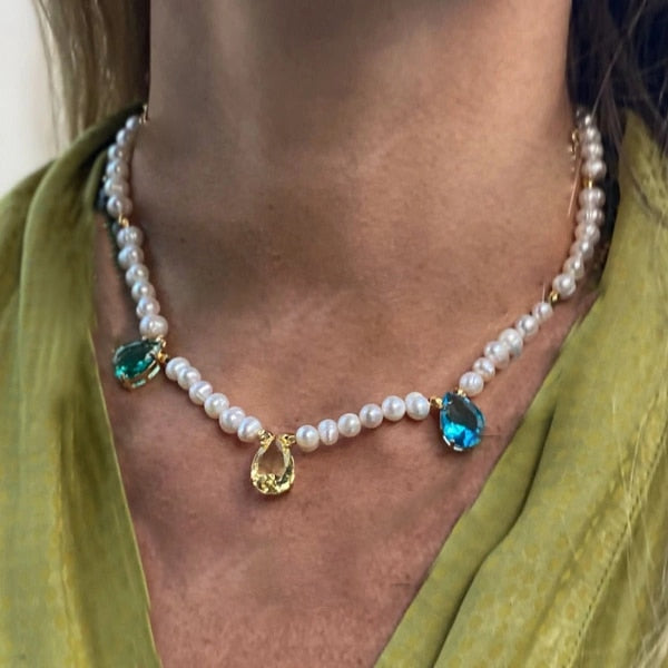 Natural Freshwater Pearl Necklace Boho Multilayer Matching Fashion Jewelry crystal Stone Women