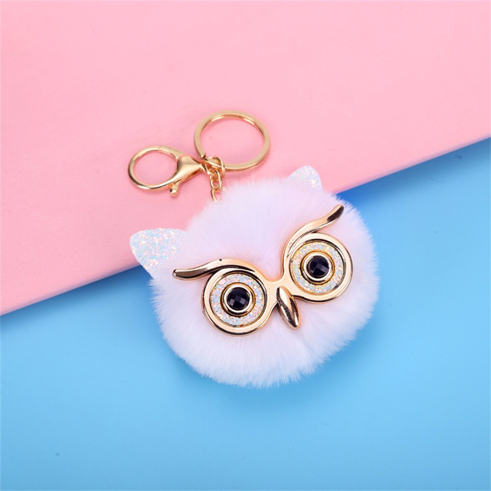 Cartoon Plush Owl Keychain With Sequin Girls Backpack Ornaments Fashion Soft Fluffy Pompom Animal Key Rings For Ladies Gifts