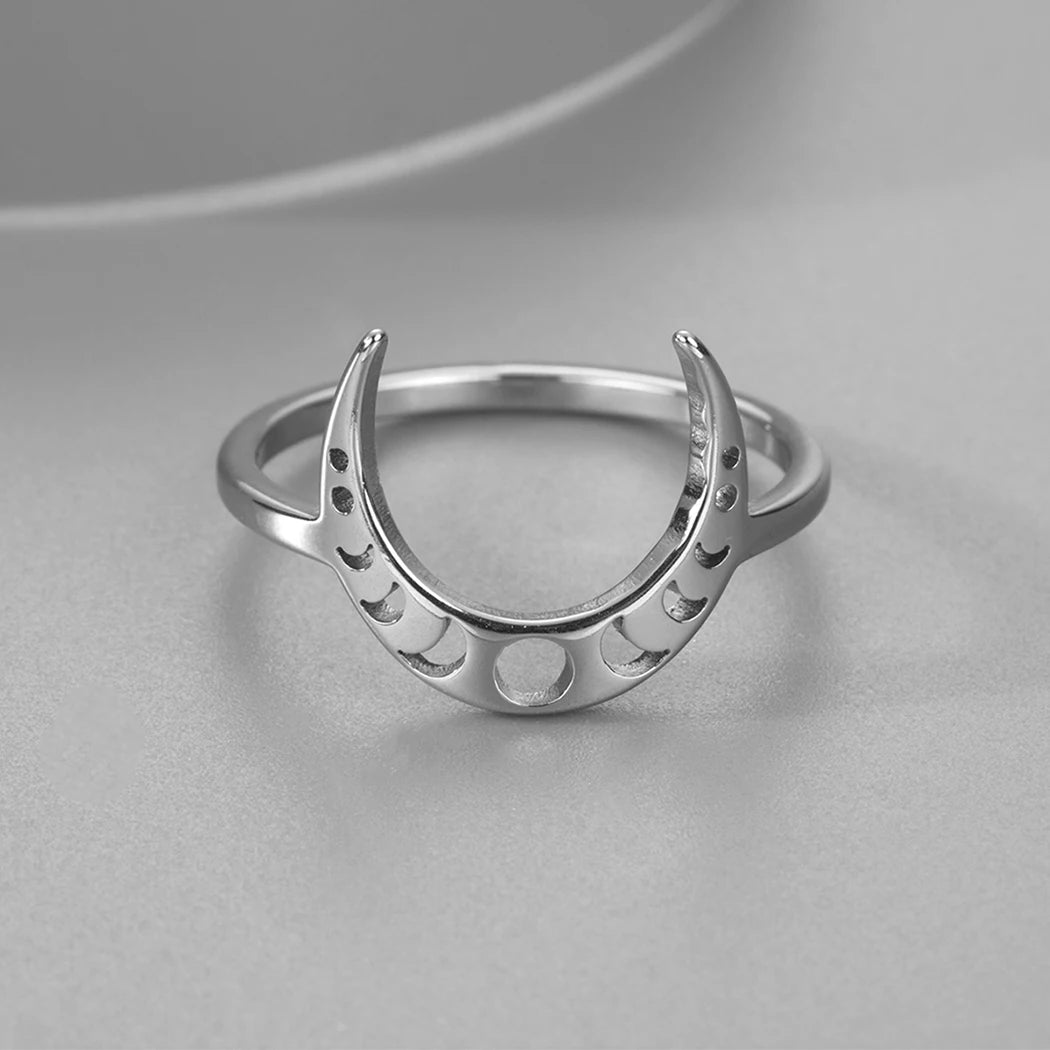 Moon Phase Band Ring, Stainless Steel Celestial Witchy Amulet