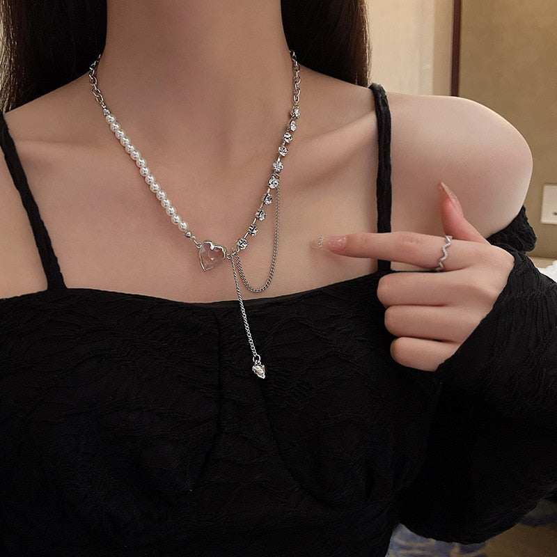 Women Titanium Steel Necklace Classic Pink Crystal Heart Jewelry