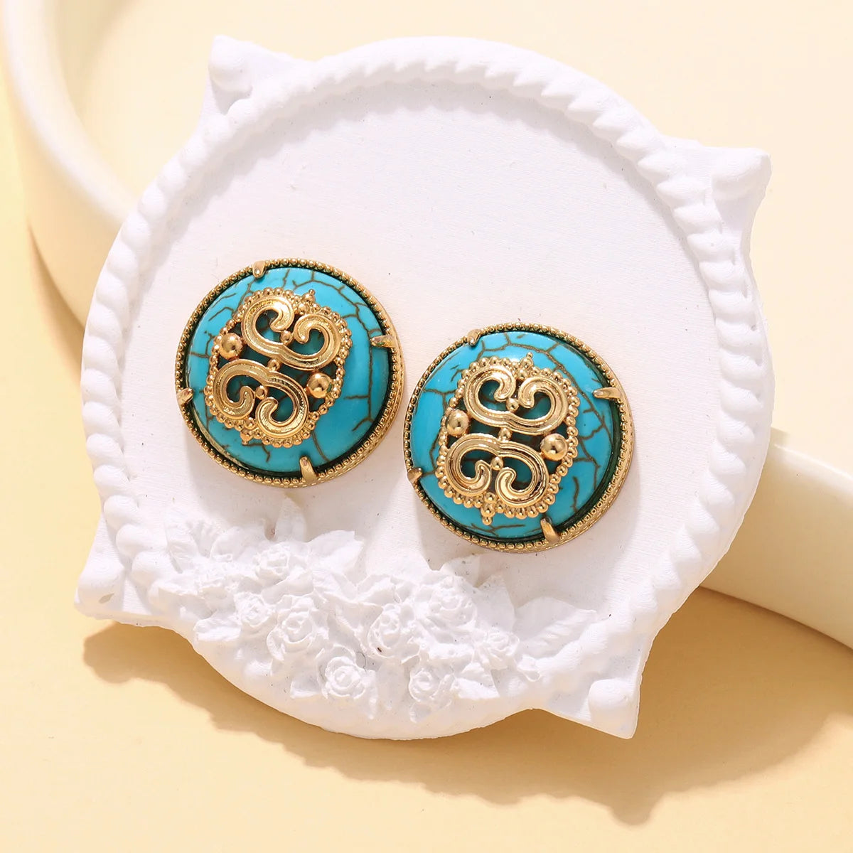 Vintage Gold Color Stud Earrings with Natural Lapis Lazuli/Tiger Eye/Turquoise/Malachite Stone - Elegant Round Statement Jewelry - Charlie Dolly