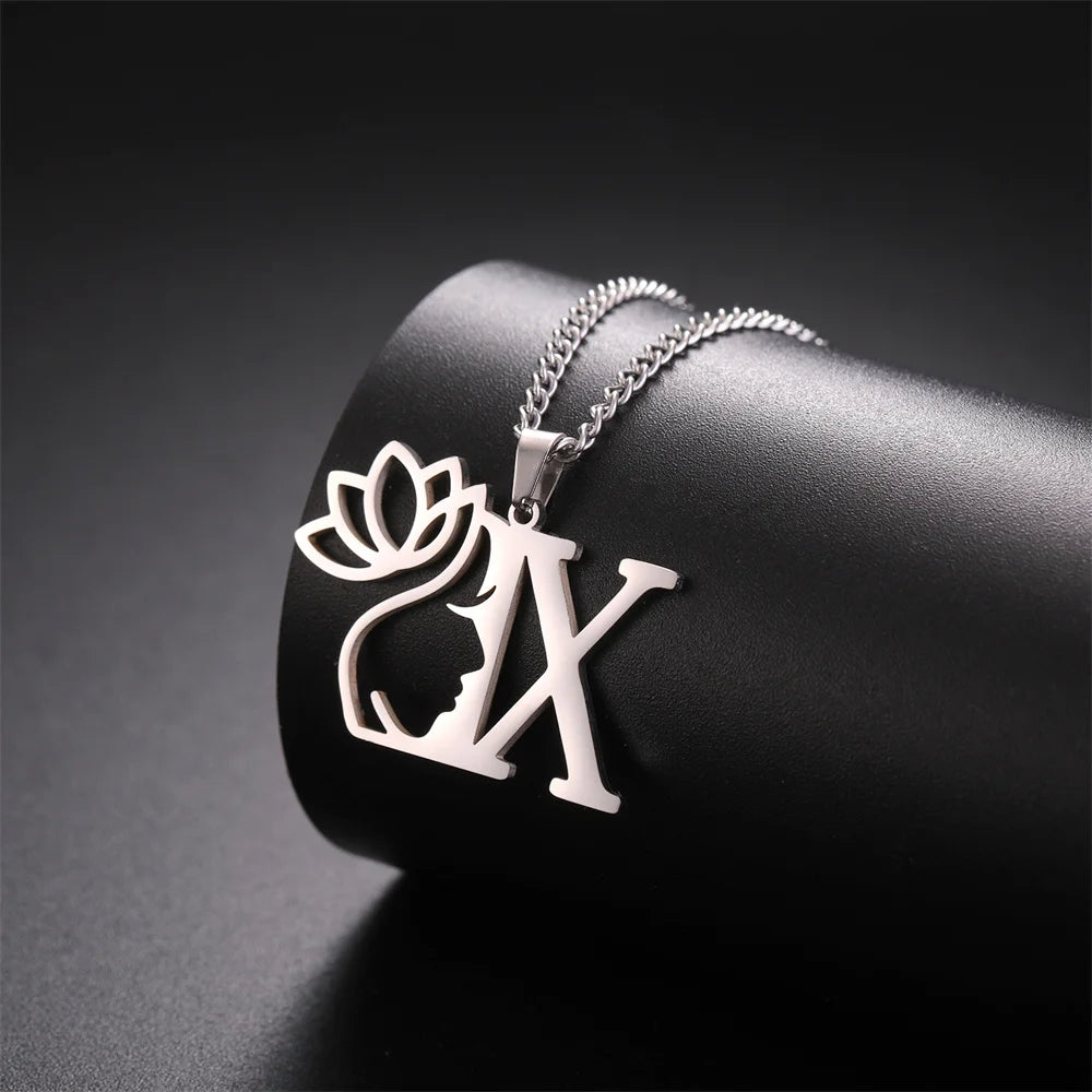 Lotus Flower Initial Letter Pendant, Personalized Stainless Steel Necklace