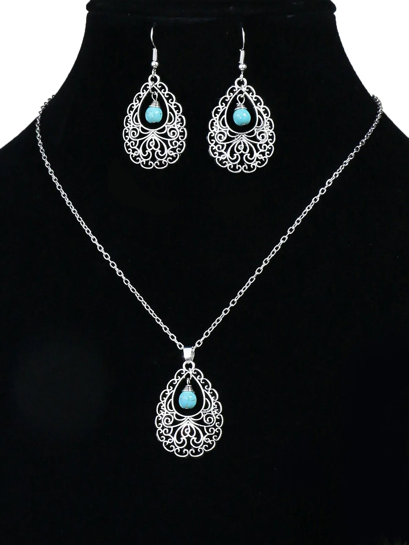 Turquoise Carved Flower Silver Drop Earrings Jewelry