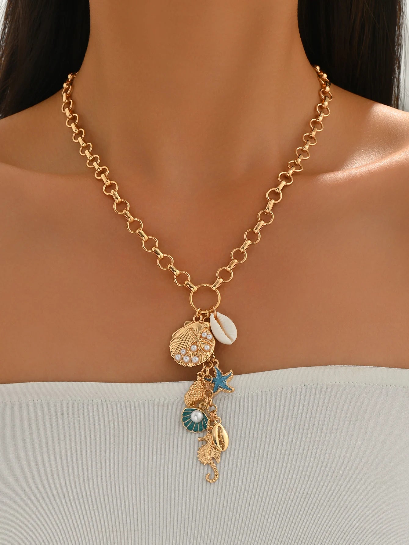 Chunky Gold Ocean Charm Boho Necklace