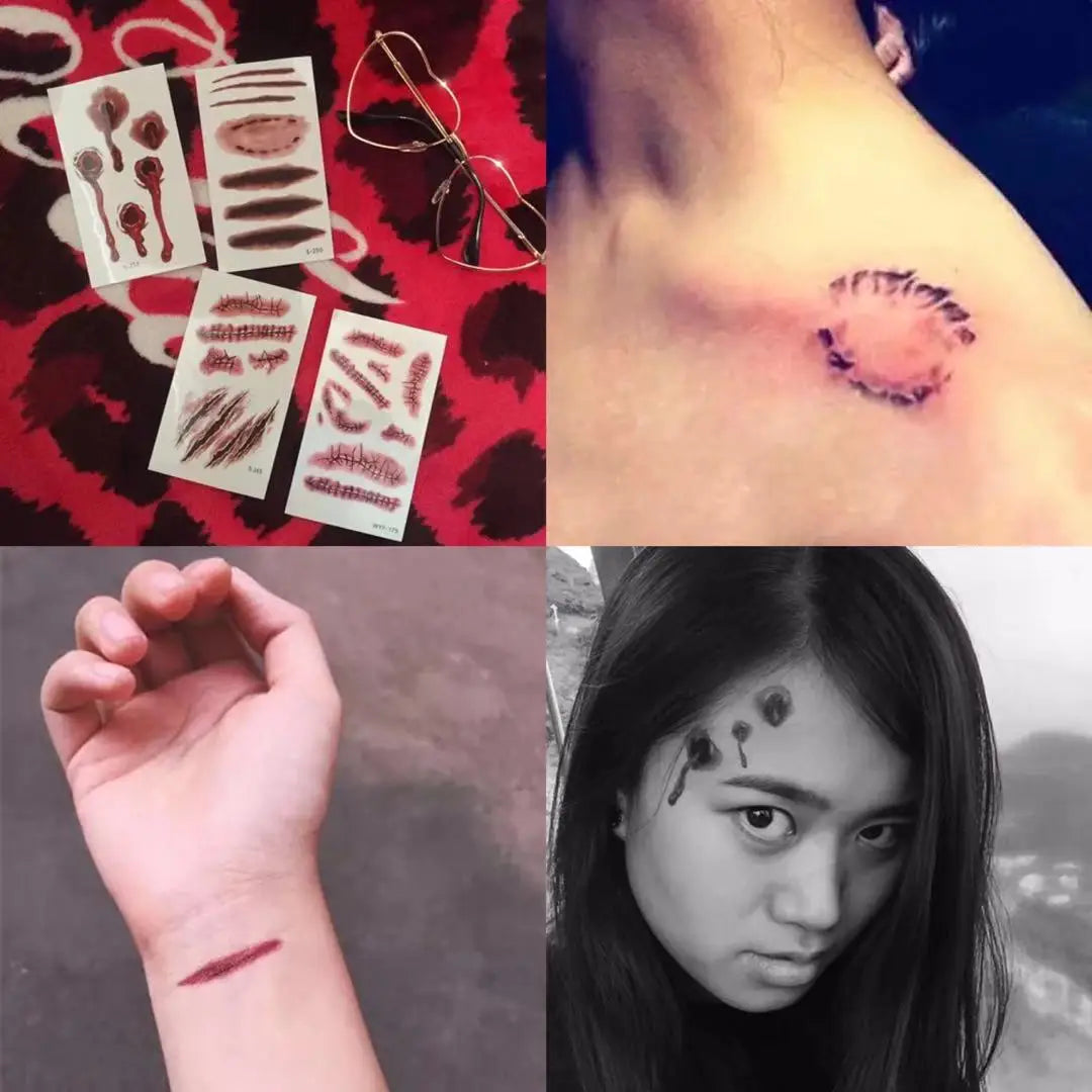 Halloween Temporary Tattoo Sticker Waterproof 3D Bite Mark Zombie Acars Wound Tattoo Sticker Halloween Party Cosplay Makeup Prop - Charlie Dolly