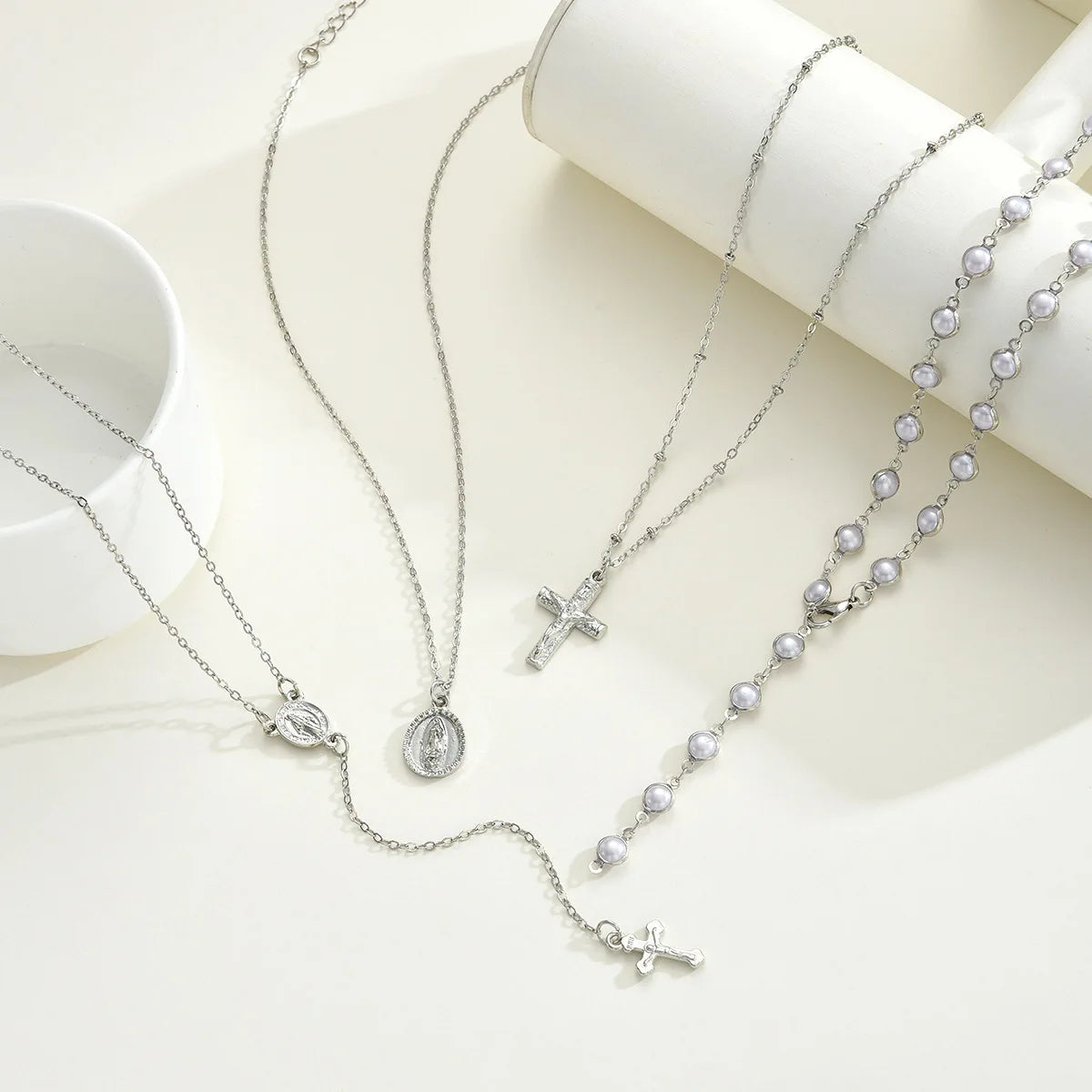 Silver Pearl Cross Pendant Layered Necklace Set Jewelry