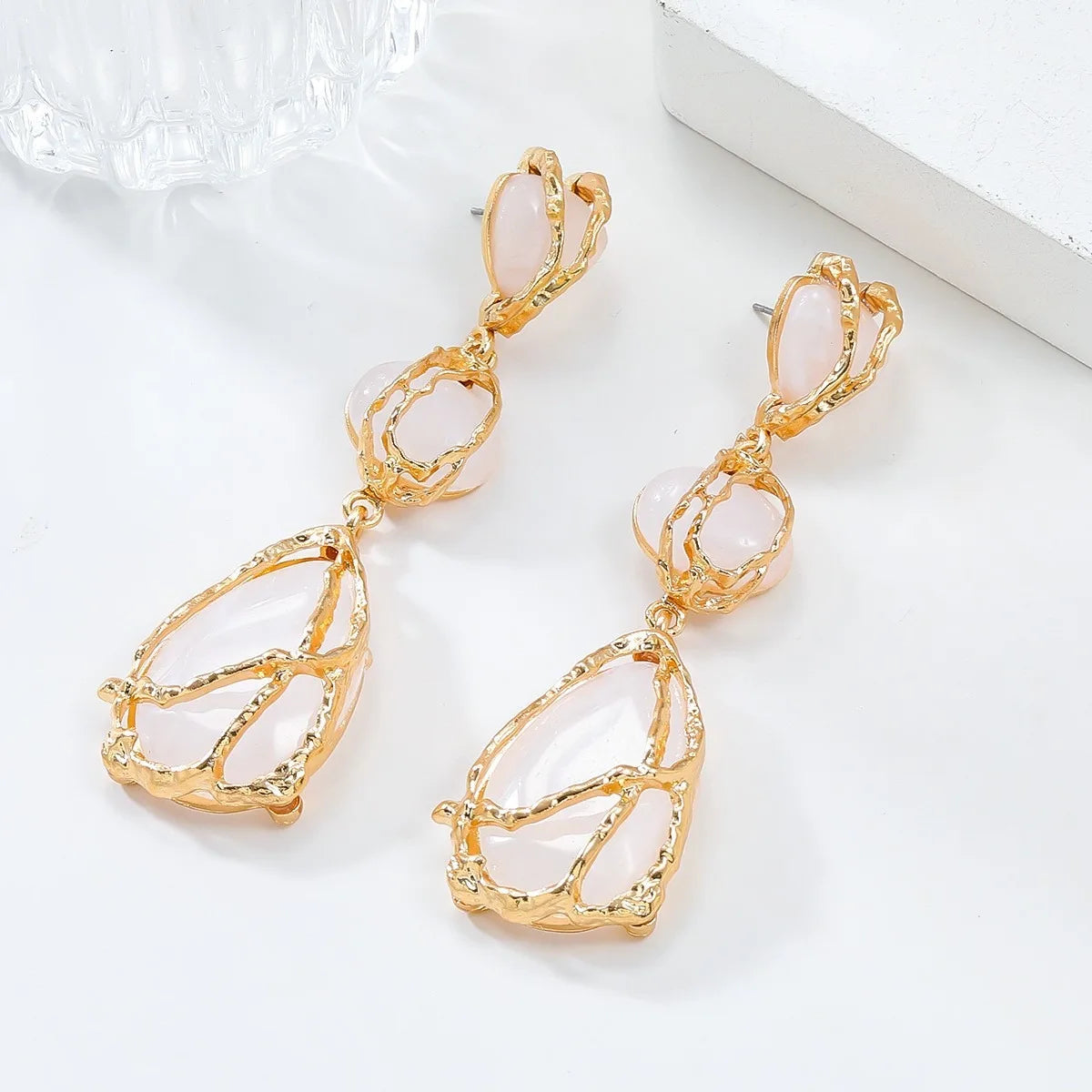 Resin Waterdrop Metal Mesh Dangle Earrings Jewelry