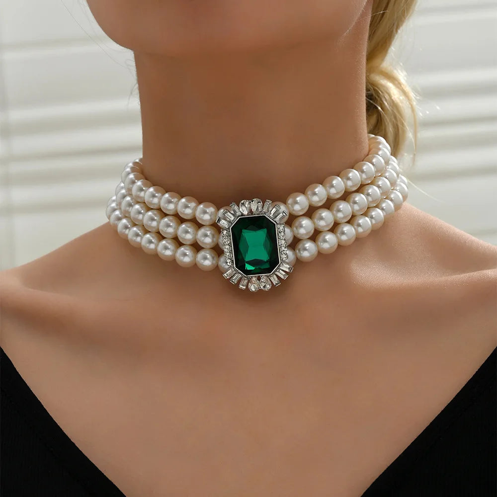 Pearl Green Crystal Layered Choker Necklace Jewelry