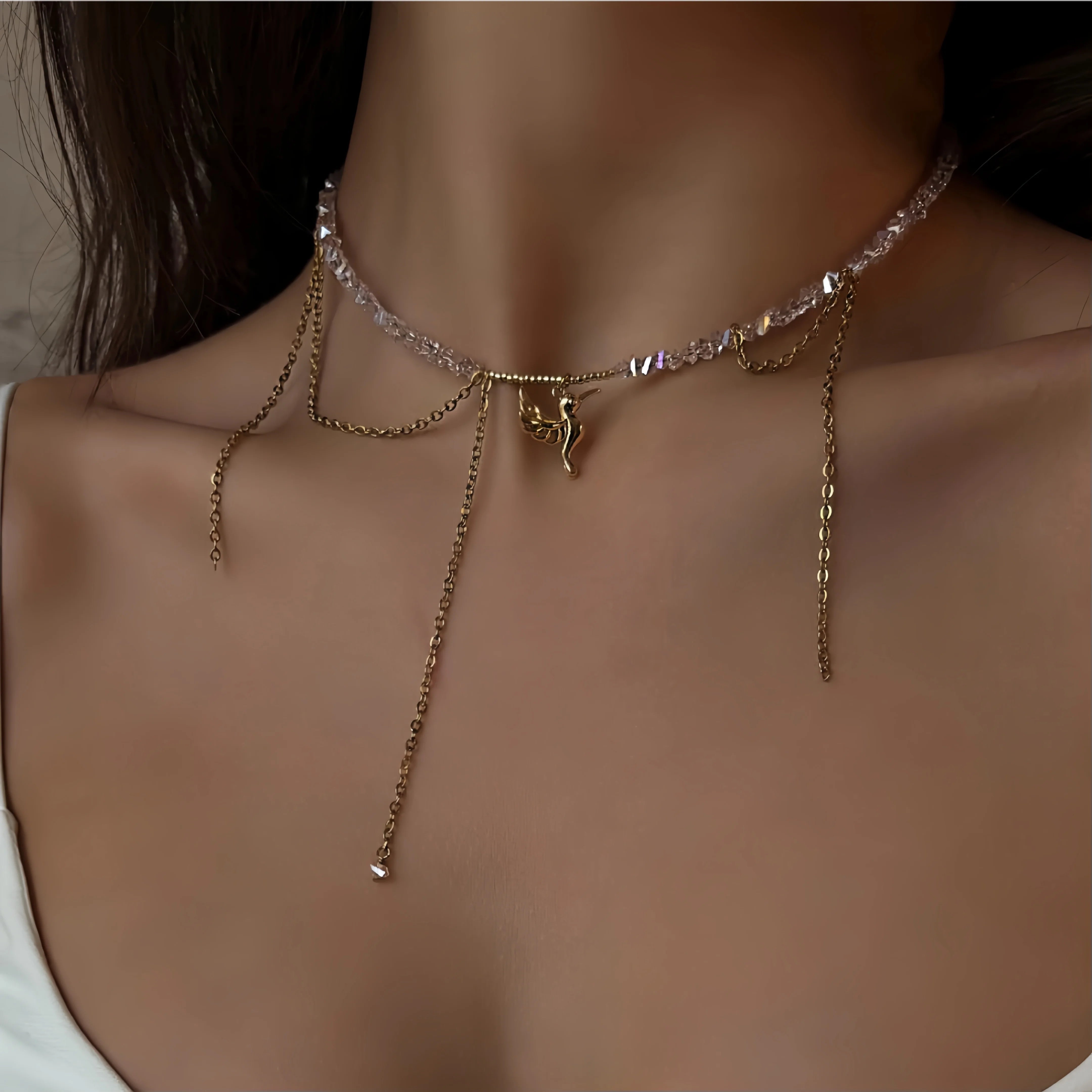 Bird and Heart Pendant Tassel Chain Necklace Jewelry