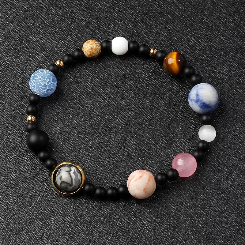 Nine Planets Solar System Beaded Bracelet, Natural Stone Galaxy Cosmic Talisman
