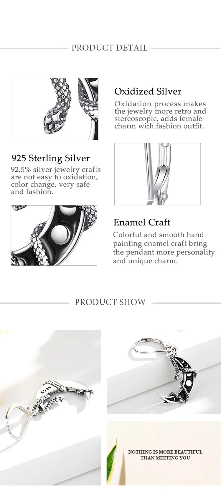 S925 Sterling Silver Moon Phase Snake Drop Earrings, Gothic Black Enamel Celestial Talisman