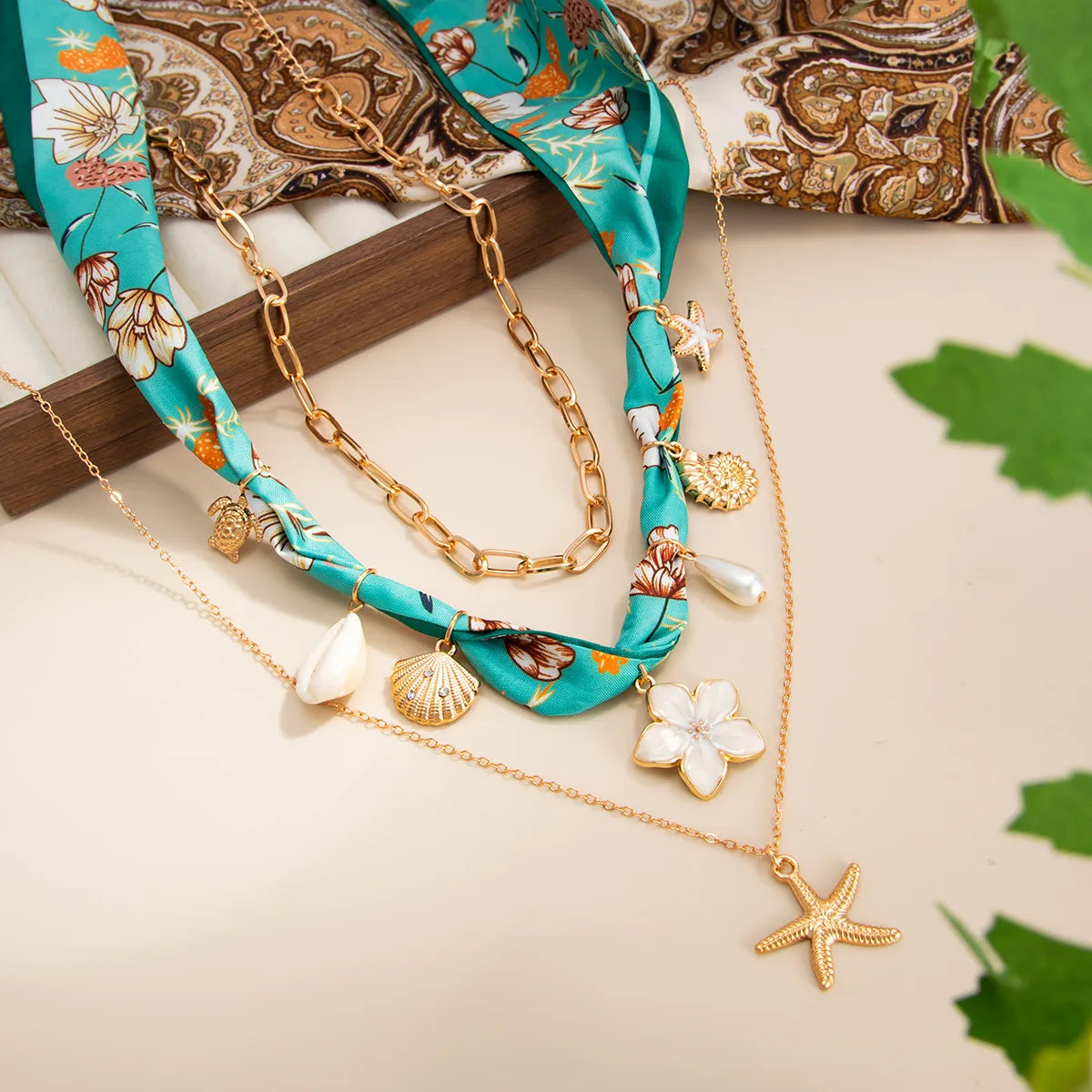 Flower Shell Coconut Tree Layered Necklace Set Jewelry