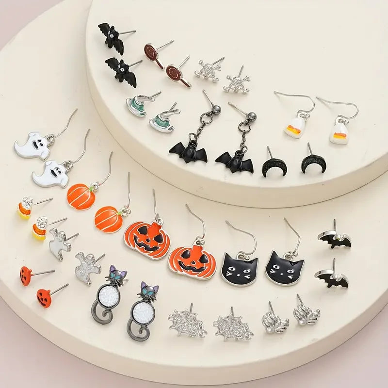 36 Pcs Halloween Earrings Set for Women Vintage Cute Ghosts Black Cats Pumpkins Bats Spiders Drop Stainless Steel Ear Needle - Charlie Dolly