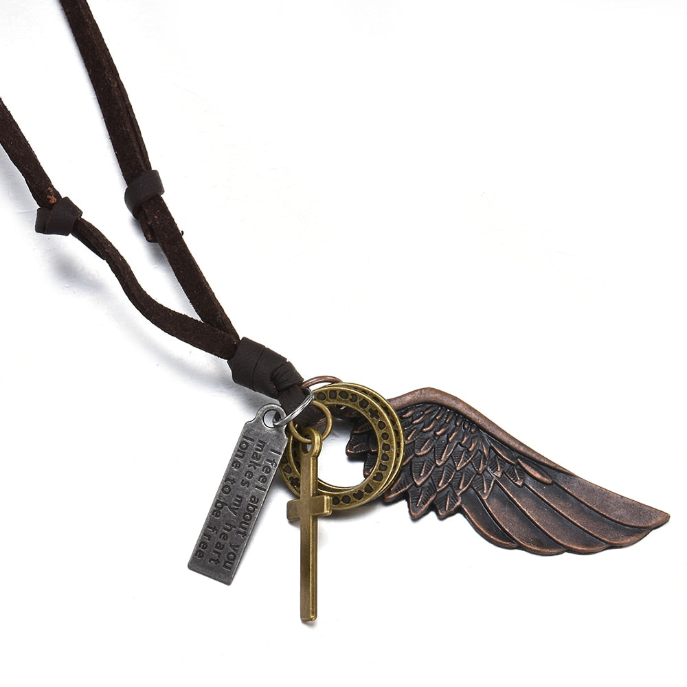 Feather Angel Wings Necklace & Pendants Vintage Brown Leather Neckless for Women Men Jewelry Boys Necklace Statement Necklace