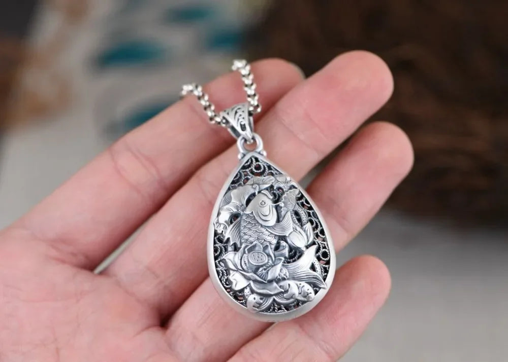 925 Sterling Silver Engraved Lotus Droplet Pendant Necklace, Vintage National Style Talisman