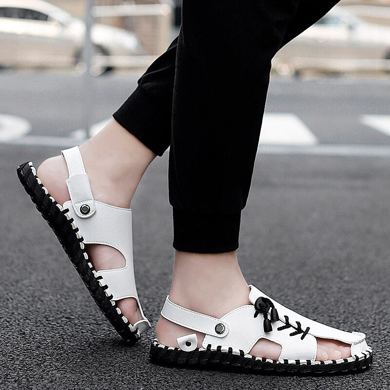 All-match Summer Leather Beach Shoes Comfy Leather Mens Sandals Non-slip Beach Sandals Breathable Soft Flats Male Slippers