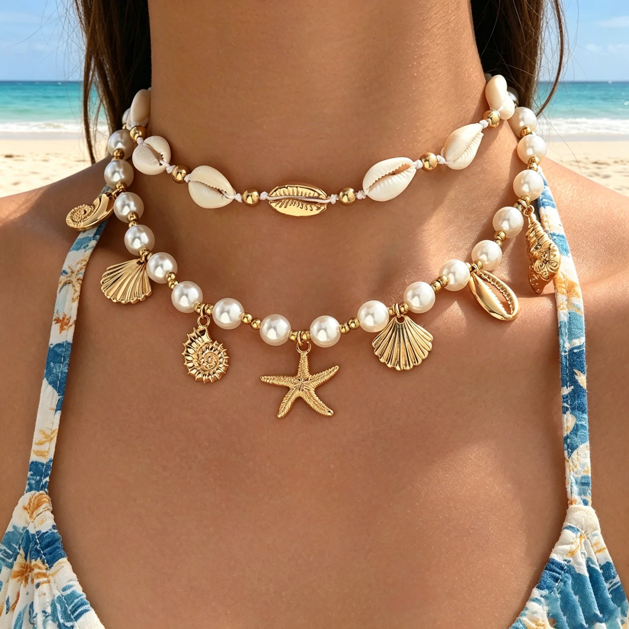 Baroque Pearl and Starfish Shell Choker Necklace