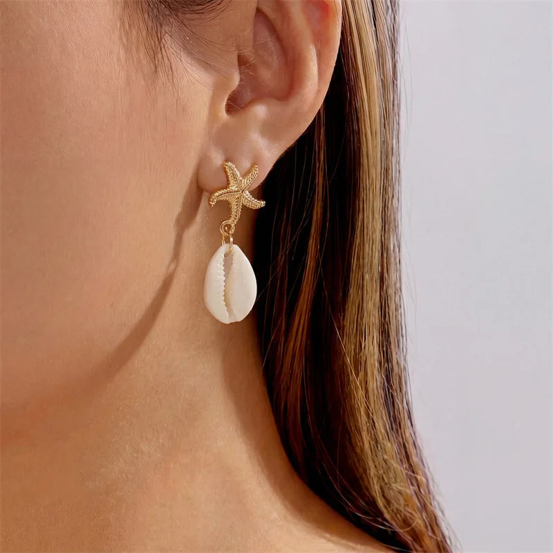 Boho Starfish, Conch and Scallop Pearl Pendant Earrings