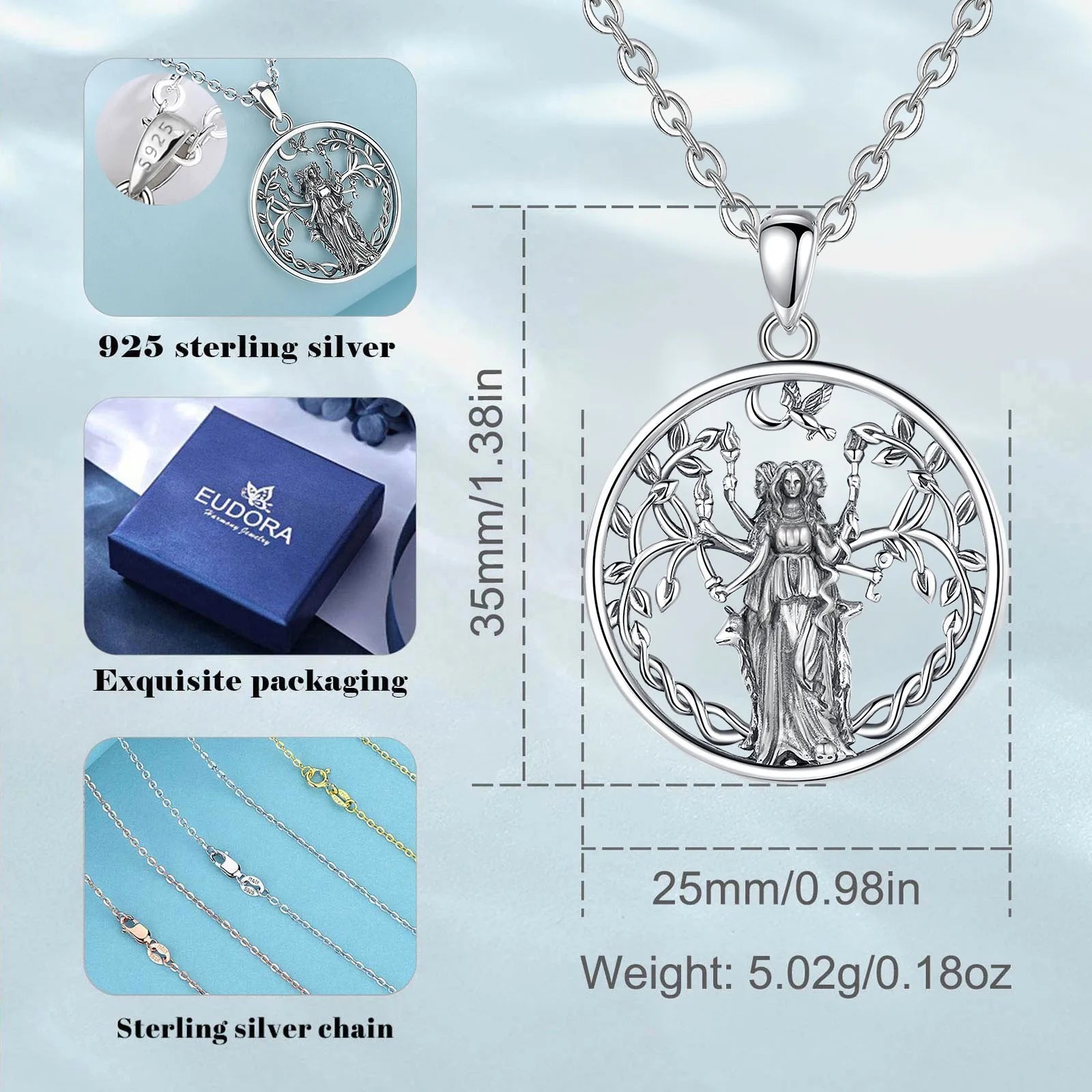 Triple Moon Goddess Hecate Amulet Necklace, S925 Sterling Silver